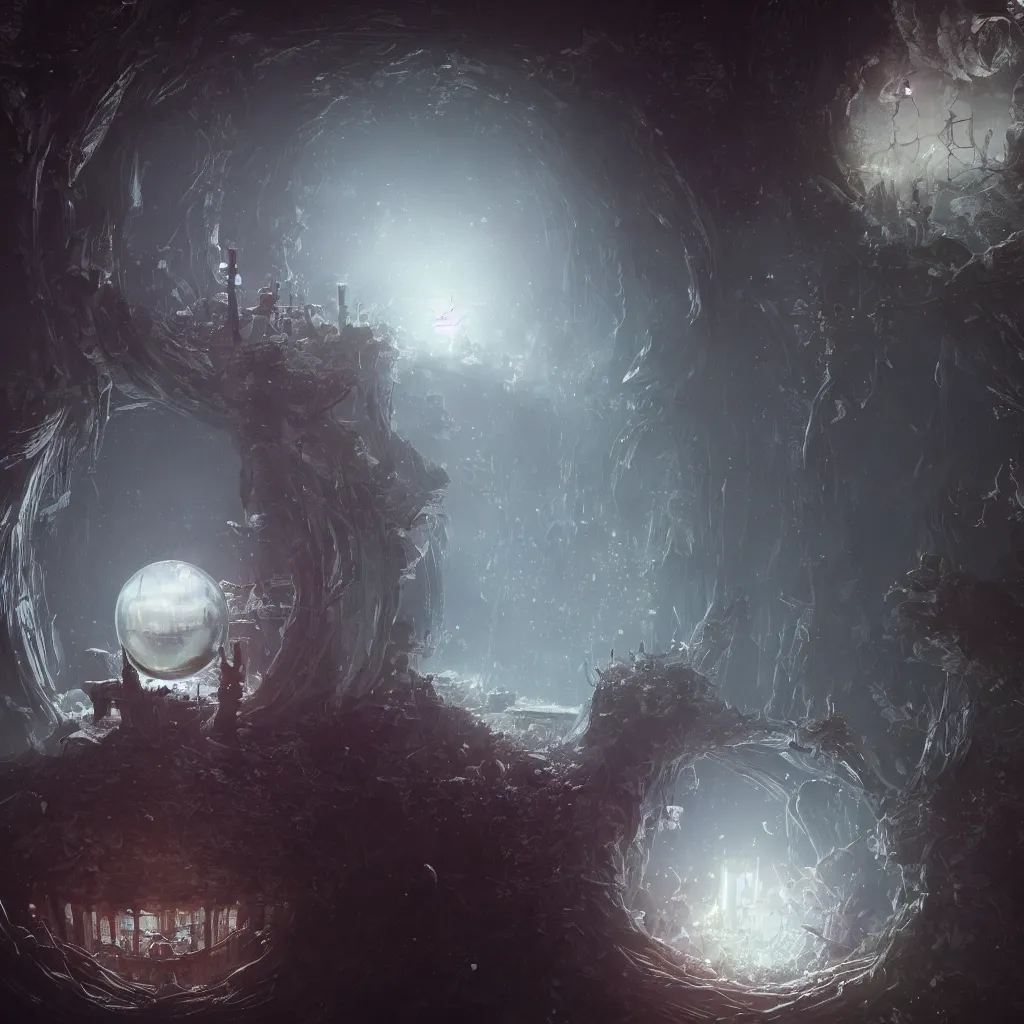 Image similar to a tiny world inside a crystal ball by greg rutkowski, sung choi, mitchell mohrhauser, maciej kuciara, johnson ting, maxim verehin, peter konig, bloodborne, 8 k photorealistic, cinematic lighting, hd, high details, dramatic, dark atmosphere, trending on artstation