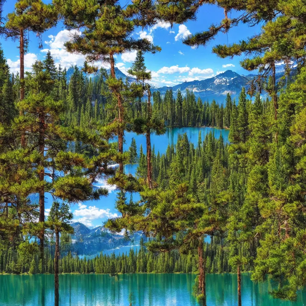 Prompt: a lake surrounded by pine trees with mountains in the background in the style of Bob Ross