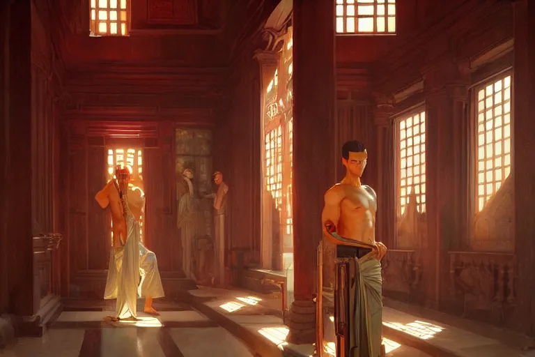 Image similar to temple, taoism, painting by greg rutkowski, j. c. leyendecker, artgerm, tom of finland