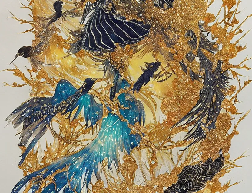 Prompt: bird spirit in a crystal cave. this watercolor and gold leaf work by the award - winning mangaka has a beautiful composition and intricate details.