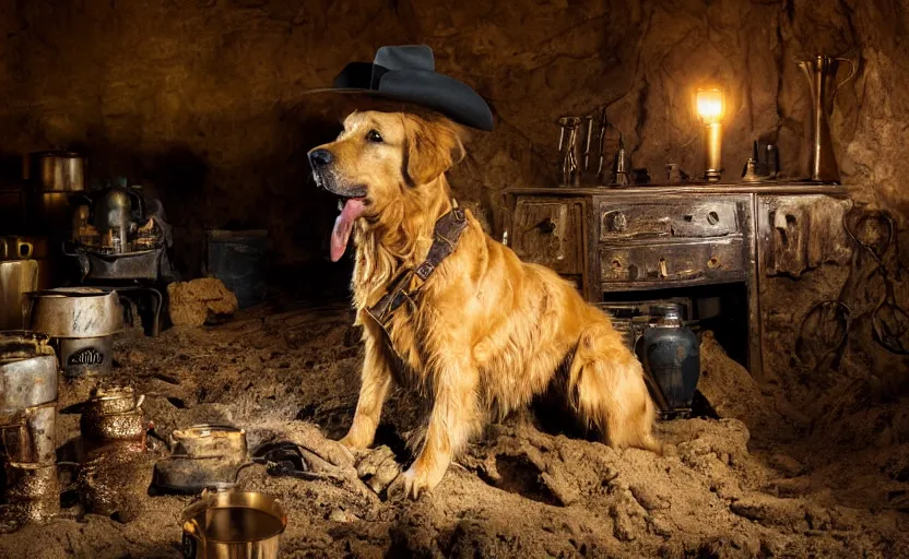 Image similar to a dirty golden retriever in a dark mine wearing a wild west hat and jacket with large piles of gold nuggets nearby, dim moody lighting, wooden supports, wall torches, cinematic style photograph