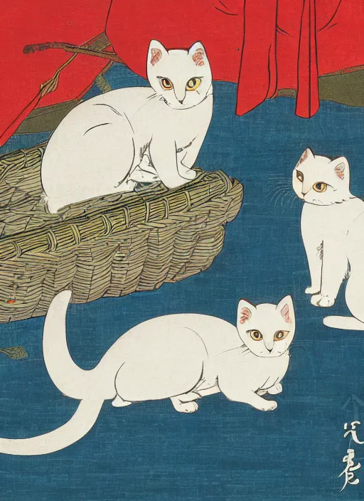 Image similar to whitecat with 2 baby white cats of utagawa hiroshige, digital painting 4 k uhd image, highly detailed