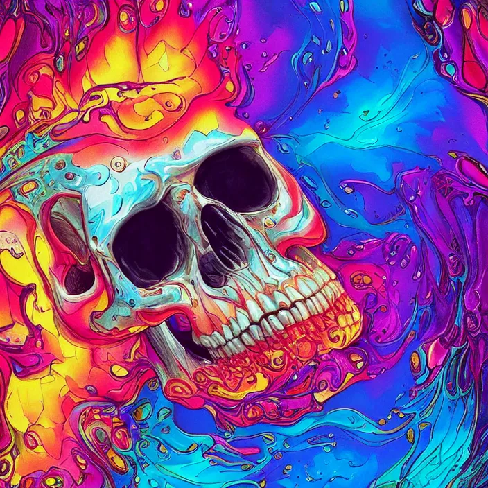 Image similar to illustration of a colorfull melting human skull. flowers and blossoms, ferrofluids, burning water distortions. intricate abstract. intricate artwork. by Tooth Wu, wlop, beeple, dan mumford. octane render, trending on artstation, greg rutkowski very coherent symmetrical artwork. cinematic, hyper realism, high detail, octane render, 8k, depth of field, bokeh. iridescent accents