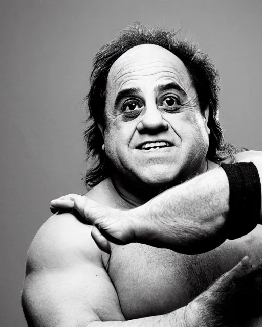 Image similar to portrait of danny devito as a professional wrestler. photographic, photography