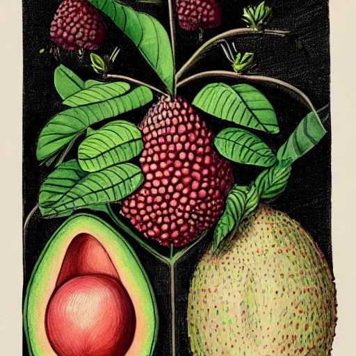 Prompt: highly detailed graphic poster depicting an avocado and a raspberry watching the world on burn with fire, done in the style of old botanical illustrations, matisse, caravaggio, basquiat, japanese art, 4 k