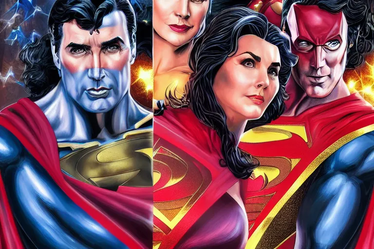 Image similar to DC Justice League with Lynda Carter as Wonder woman, Nicolas Cage as superman, Michael Keaton as Batman and Wesley Snipes as Flash cinematic lighting, intricate, elegant, highly detailed, digital painting, artstation, painted by Artgerm