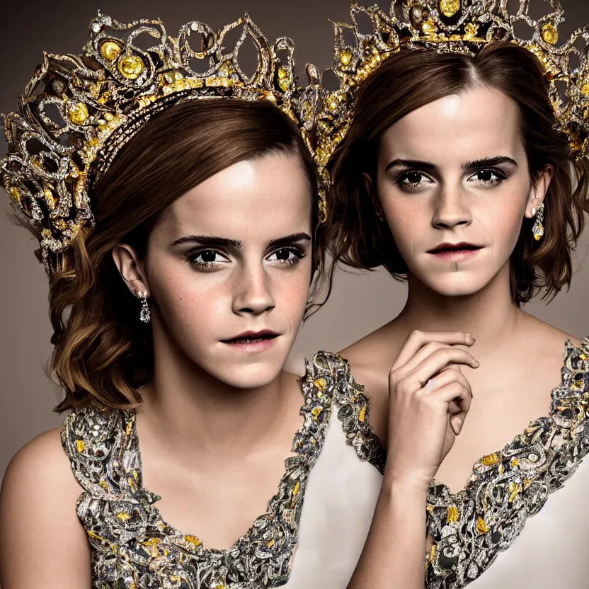 Image similar to emma watson as queen, big crown adorned with emerald, diamonds, topaz and other jewellaries, sensual, beautiful soft light failling on her face, studio photography, nikon 3 5 mm portrait photography, ultra realistic