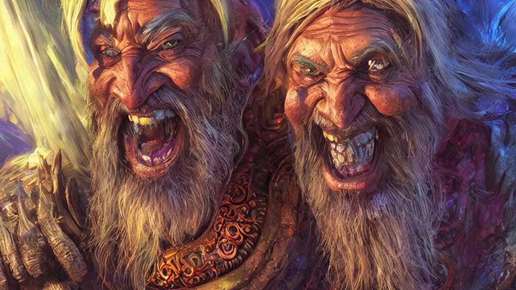 Image similar to bright, colorful, realistic, detailed from Elder Scrolls: Shivering isles concept art of The Mad God Sheogorath with a madsmile backlighting, kodachrome, high contrast, highly detailed, sharp focus, digital painting, concept art, illustration, trending on artstation, comic book by Alex Ross and Adam Adamowicz cover art