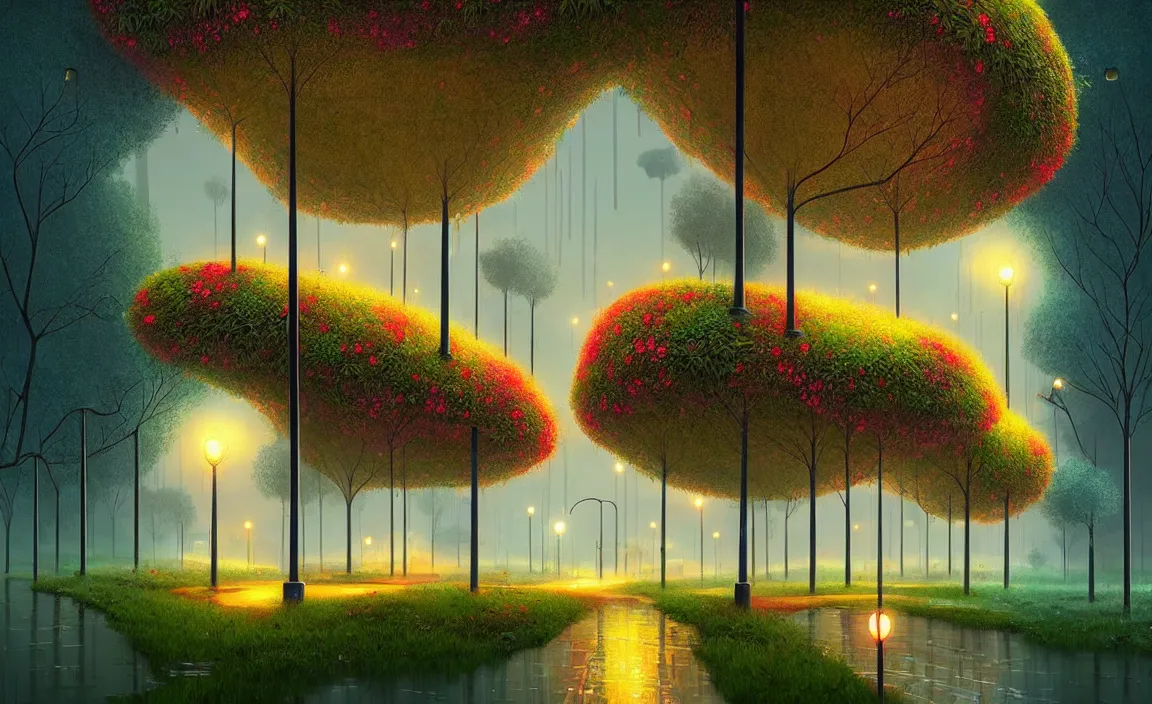 Image similar to Beautiful city of the future, overgrown with trees and plants. Raining at night with light pole illuminate the patch, Nice colour scheme, warm colour. Beautiful artistic digital artwork by artist Lurid. (2022), Gediminas Pranckevicius