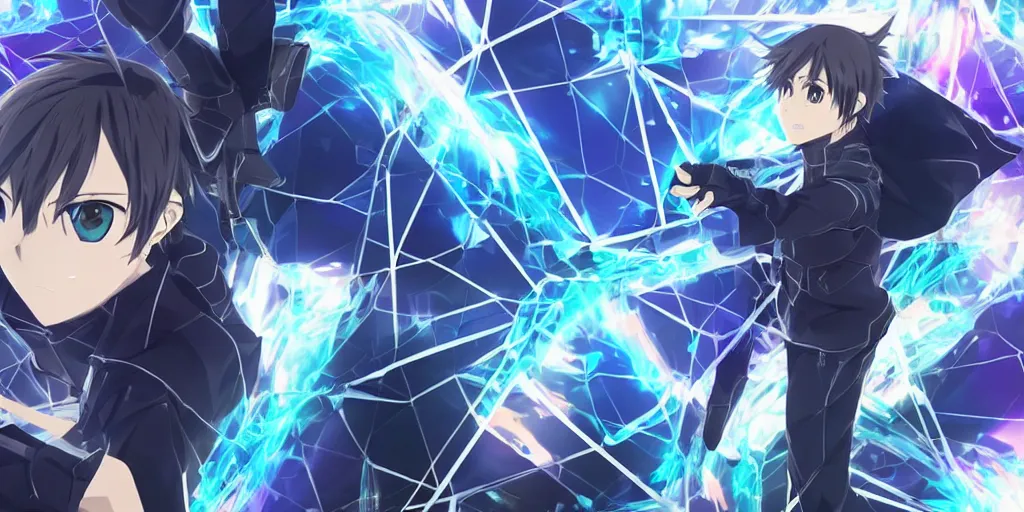 Image similar to Kirito in the metaverse, anime, hyperwave vibes, hexagonal gridspace going into the distance, quantum wavetracing