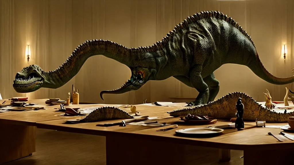 Prompt: the strange dinosaur sits at a table, film still from the movie directed by Denis Villeneuve with art direction by Salvador Dalí, long lens