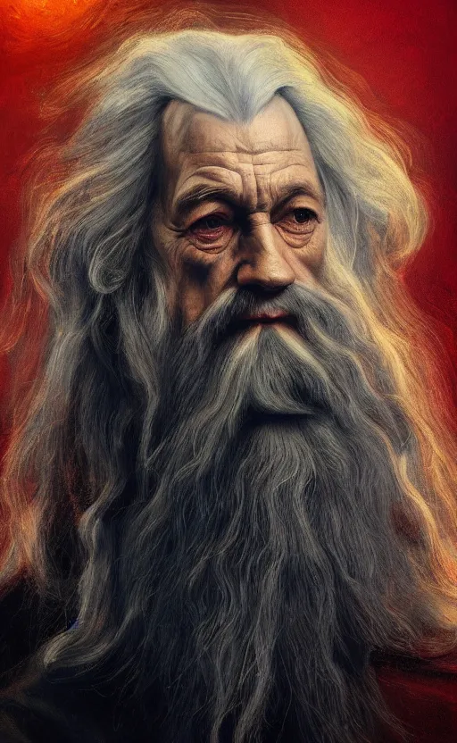 Image similar to a beautiful portrait painting of gandalf, by diego velazquez, beautiful composition and structure, high contrast, high saturation, vivid ember colors, cross hatching featured on artstation, shading study, lighting study, studio lighting, pipe smoke, volumetric fog, artistic, cinematic, backlight, rim light, portrait study