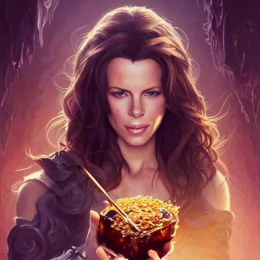 Image similar to Kate Beckinsale covered in honey eating fork, D&D, fantasy, intricate, elegant, highly detailed, digital painting, artstation, concept art, matte, sharp focus, illustration, hearthstone, art by Artgerm and Greg Rutkowski and Alphonse Mucha