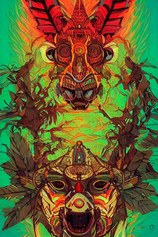 Image similar to totem animal tribal chaman vodoo mask feather gemstone plant wood rock video game illustration vivid color borderlands by josan gonzales and dan mumford radiating a glowing aura