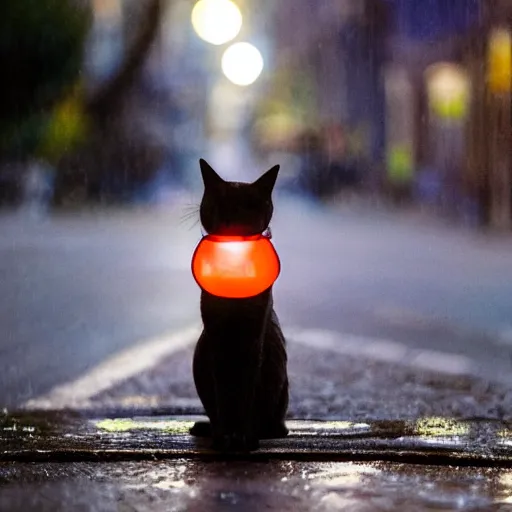 Image similar to Cat sitting on wet street corner with glowing exclamation mark over its head