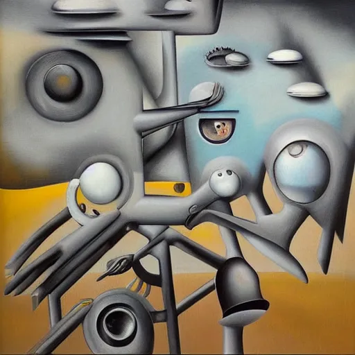 Image similar to Oil painting by Yves Tanguy. Mechanical gods with bird faces kissing. Oil painting by Lisa Yuskavage.