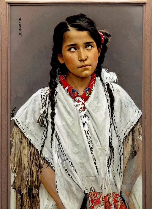 Image similar to a copic maker art nouveau portrait of a mapuche girl finely detailed features wearing a mapuche poncho designed by balenciaga by john berkey, norman rockwell akihiko yoshida