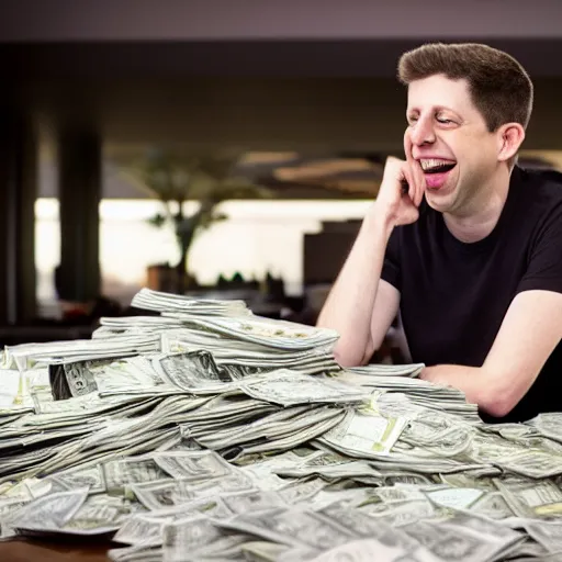 Image similar to Sam Altman laughing at a huge pile of money on a table, dslr photo