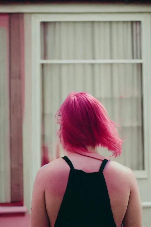 Image similar to photography, close-up of woman from behind looking at weird pink house, daylight, 35mm