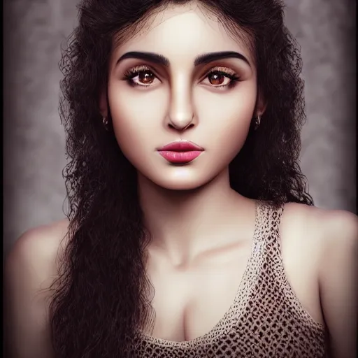Image similar to portrait of a persian young lady with curly black hair, round face, thin lips, big brown eyes, photo, hyperrealistic, focused, detailed