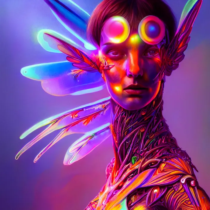 Image similar to bright psychedelic portrait of organic cyborg, wings, volumetric smoke in light rays, diffuse lighting, fantasy, intricate, elegant, highly detailed, lifelike, photorealistic, digital painting, artstation, illustration, concept art, smooth, sharp focus, art by John Collier and Albert Aublet and Krenz Cushart and Artem Demura and Alphonse Mucha