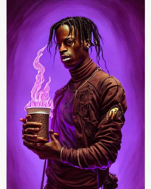 Image similar to travis scott holding cup of codeine, accurate details, detailed face, purple liquid in cup glowing, fantasy, dramatic, intricate, elegant, highly detailed, digital painting, artstation, concept art, smooth, sharp focus, illustration, art by Gustave Dore, octane render