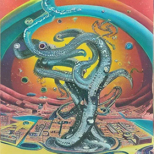 Prompt: cosmic eldritch space squid consuming a city on neptun, epic surrealism, elegant, dreadful cut out collage, 1974