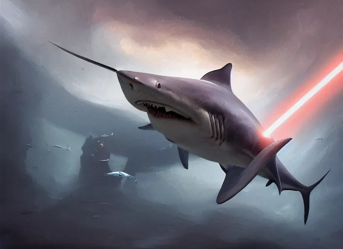 Image similar to beautiful oil matte portrait painting, thresher shark in knight armor, blue shark, holding a lightsaber, fantasy, wonderful masterpiece highly detailed, scifi, beautiful cinematic light deep focus, elegant, digital painting, smooth, sharp focus, golden ratio, dramatic illumination, ultra realistic, 8 k, art by jimmy law