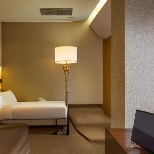 Image similar to hotel floor that's impossible to get to, beige walls, beige lighting, fancy details, windows, night time, window to night time city, 2 4 0 p photograph