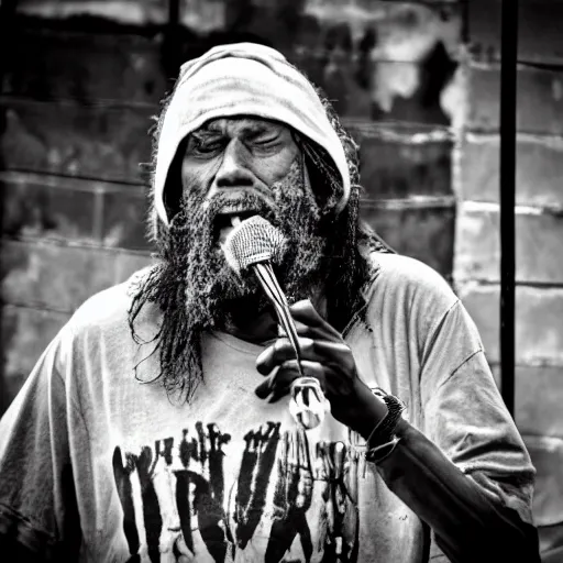 Image similar to A homeless man singing a metal song, black and white.