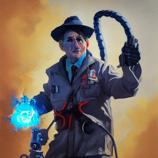 Image similar to greg manchess portrait painting of ghostbuster dr. raymond stantz overwatch character, medium shot, asymmetrical, profile picture, organic painting, sunny day, matte painting, bold shapes, hard edges, street art, trending on artstation, by huang guangjian and gil elvgren and sachin teng
