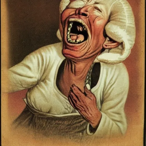 Prompt: a bizarre image of an old woman opening her mouth extremely wide and swallowing a whole goat