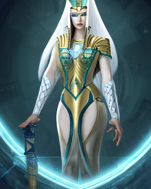 Image similar to perfect white haired attractive egyptian goddess, warframe armor, pharaoh headdress, beautiful, symmetric, dreamy, half asian, pretty face, green eyes, charlize theron, detailed, scifi platform, laboratory, experiment, 4 k, ultra realistic, epic lighting, android body, illuminated, cinematic, masterpiece, art by akihito tsukushi, voidstar