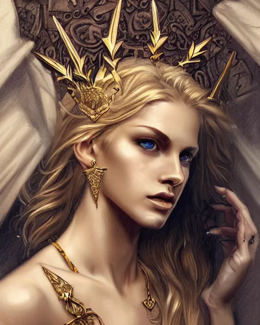 Image similar to tattoo sketch of blonde super model aphrodite greek goddess wearing a gold laurel wreath and triangle earrings, beautiful piercing gaze with sharp pupils, in the style of greg rutkowski, fantasy, amazing detail, epic, elegant, smooth, sharp focus, front view