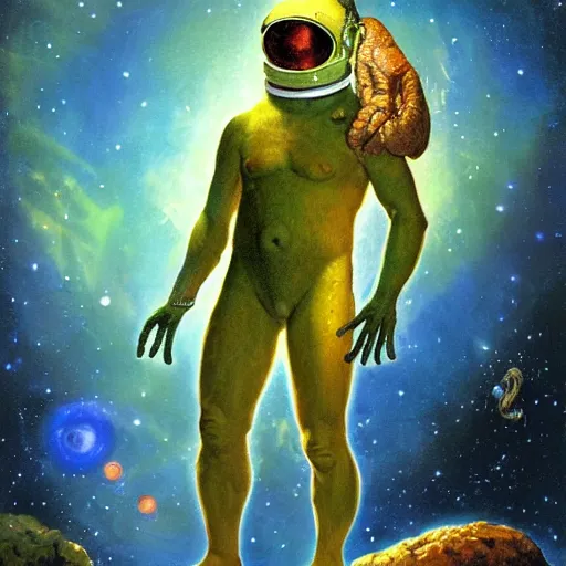 Image similar to photoreal, full body portrait of an amphibian beast in a space helmet on a rocky planet, nebula milky way background, by norman rockwell and boris vallejo, artstation, concept character art