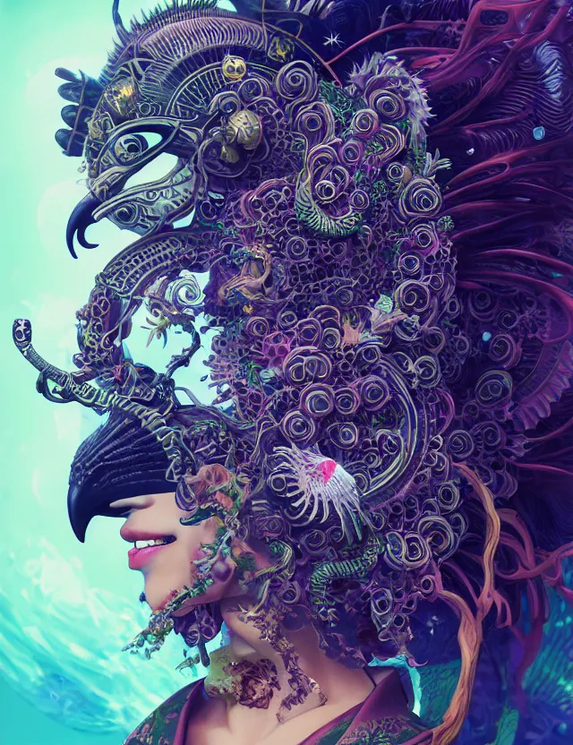 Image similar to 3 d goddess close - up profile solarpunk portrait ram skull. beautiful intricately detailed japanese crow kitsune mask and clasical japanese kimono. betta fish, jellyfish phoenix, bio luminescent, plasma, ice, water, wind, creature, artwork by tooth wu and wlop and beeple and greg rutkowski