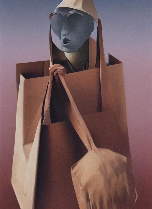 Image similar to women in paper bag over the head with portable oxygen tank Edward Hopper and James Gilleard, Zdzislaw Beksinski, highly detailed