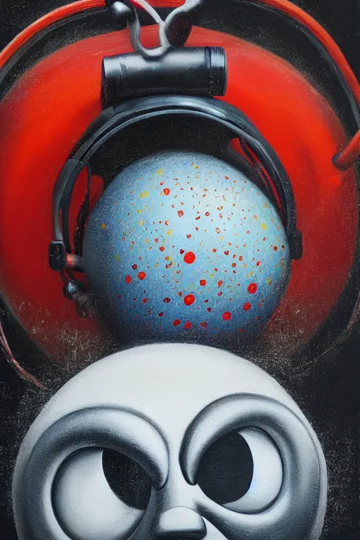 Image similar to hyperrealism surrealism acrylic painting, aerosol splashes on paper, close - up portrait of bowling ball - with big headphones and a mime sweater art by jeff soto