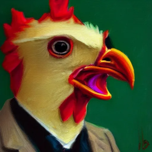 Image similar to a high quality photo of a chicken wearing a suit, Impressionism, 8k