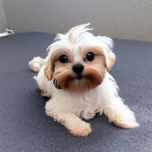 Image similar to white yorkiepoo sitting in a pile of mochi, realistic, hd