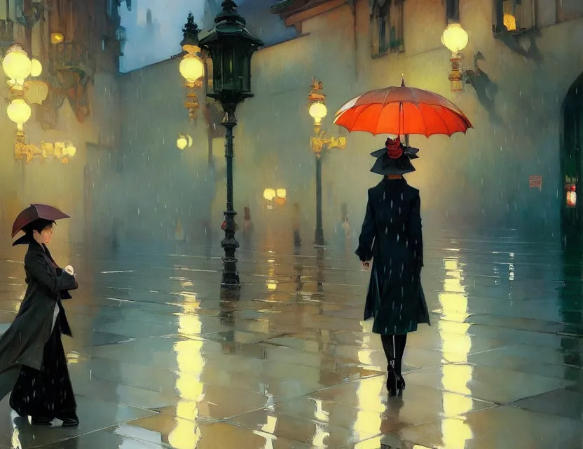 Image similar to beautiful woman walking in the rain alone, hands in coat pockets, painted by krenz cushart, mucha, by studio trigger, by joaquin sorolla rhads leyendecker, by ohara koson