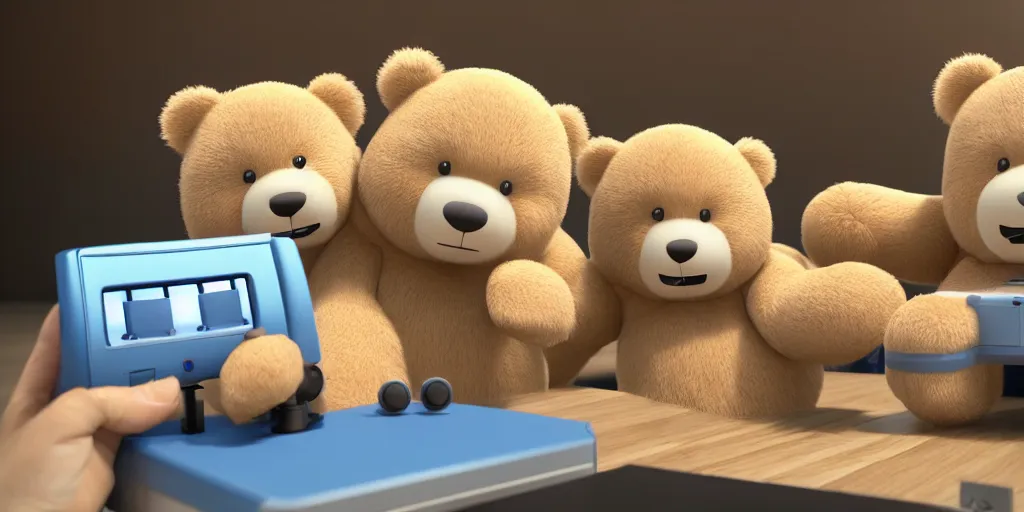 Image similar to two fluffy bears playing nintendo with tv from 1 9 7 0, octane render, 8 k resolution, cinematic