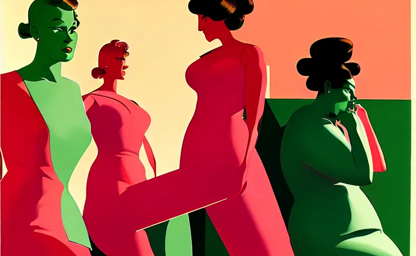 Prompt: by syd mead, pedestal women with big hips in suit, soft light, red + green + pink colours, golden shapes, high quality details, perspective, denoise deep depth of field