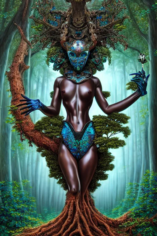 Image similar to hyperrealistic post - rococo super beautiful! black woman with exoskeleton armor, merging with tree in a forest, highly detailed digital art masterpiece smooth cam de leon hannah yata dramatic pearlescent blue teal light ground angle hd 8 k sharp focus