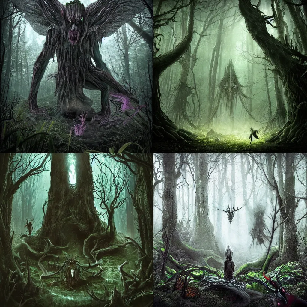Prompt: an ultra realistic very complex high detailed horror fairy dark forest with creepy monster and creatures