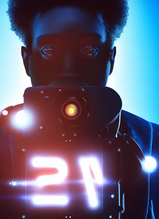 Image similar to a black man with short curly haircut, portrait, wearing black letter jacket, holding a futuristic looking big cinema camera, light blue led's, sharp focus, octane render, hyperrealistic, cinematic lighting, highly detailed, 8 k,