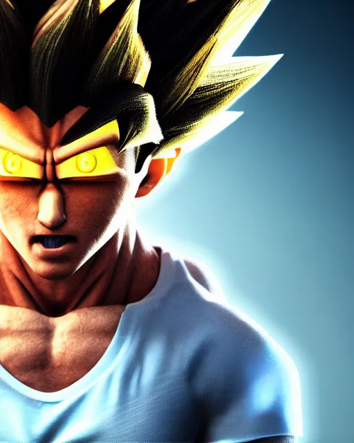 Image similar to 3 d high octane render, 8 k hyperrealism, unreal engine, photorealistic goku, portrait, dynamic lighting, photorealistic, unreal engine, octane, ultra detailed, detailed faces, hd quality, life like, high render, hd resolution