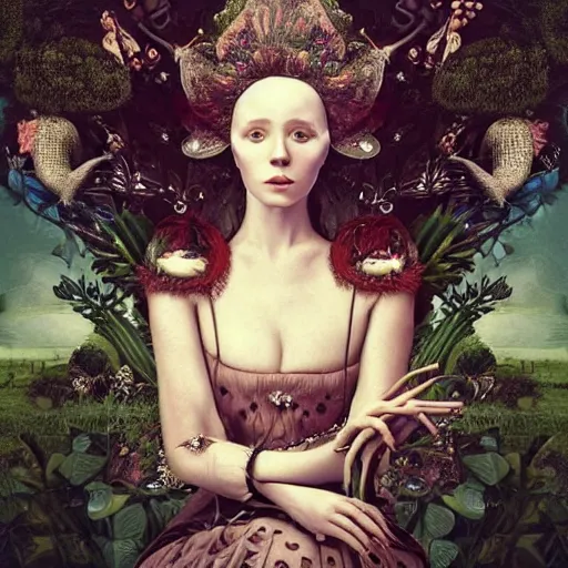 Prompt: a detailed intricate portrait of young woman in renaissance dress and a surreal renaissance headdress, very surreal garden, cyberpunk, filigree, surreal tea party, birds, nature, strange creatures, by christian schloe and botticelli, naotto hattori, amy sol, roger dean, moody colors