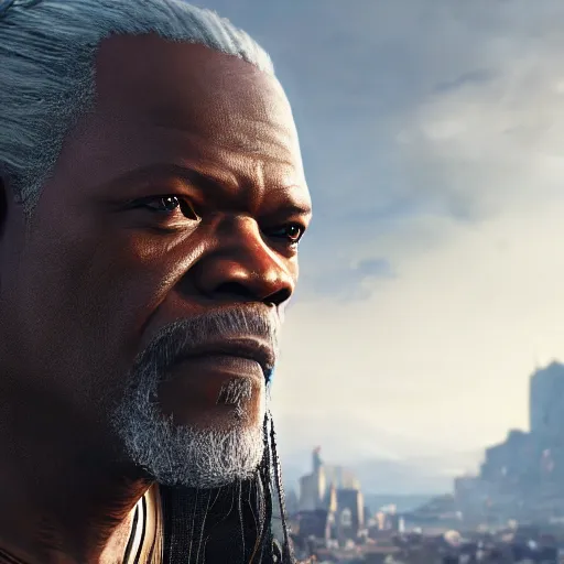 Image similar to closeup portrait of samuel jackson as geralt in the witcher, city background, dramatic light, gorgeous view, depth, high detail, digital art, concept art painted by greg rutkowski and seb mckinnon, neuromancer, trending on artstation