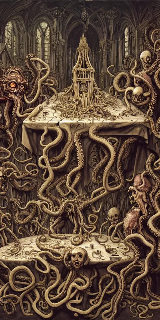 Image similar to group of mages with human bodies and octopus heads and group of mages with medusa heads sitting near the table and arguing in an ancient mage castle with enormous scale, gothic and baroque, brutalist architecture, ultradetailed, Intricate by James Jean and Josan Gonzalez and John Howe and Giuseppe Arcimboldo